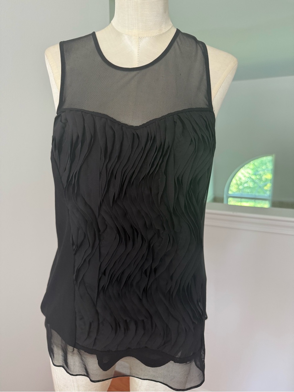 Cache Black Sleeveless Ruffle Mesh Camisole